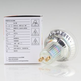 LEDVANCE GU10 PAR16 LED Leuchtmittel 3.4W=(35W) 3000K 230lm 36 dimmbar Reflektor-Lampe