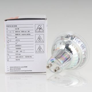 LEDVANCE GU10 PAR16 LED Leuchtmittel 4.5W=(50W) 3000K 350lm 36 dimmbar Reflektor-Lampe