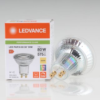 LEDVANCE GU10 PAR16 LED Leuchtmittel 7W=(80W) 3000K 575lm 36 dimmbar Reflektor-Lampe