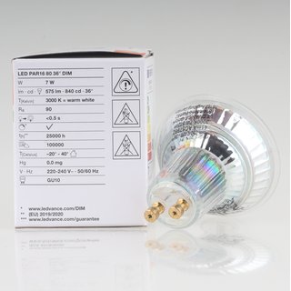 LEDVANCE GU10 PAR16 LED Leuchtmittel 7W=(80W) 3000K 575lm 36 dimmbar Reflektor-Lampe